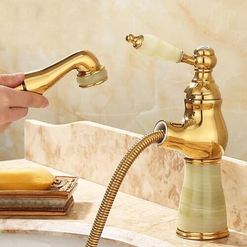 Basin Sink Faucet Brass Gold Deck Mounted Bathroom Faucets Bathtub Washroom Mixer Tap Pull out Jade Single Handle Single Hole