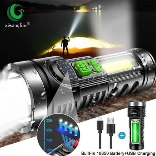Super Bright Rechargeable LED Flashlight T6+COB Flashlight Torch Power Display ABS Plastic Outdoor Waterproof Flashlight Flash