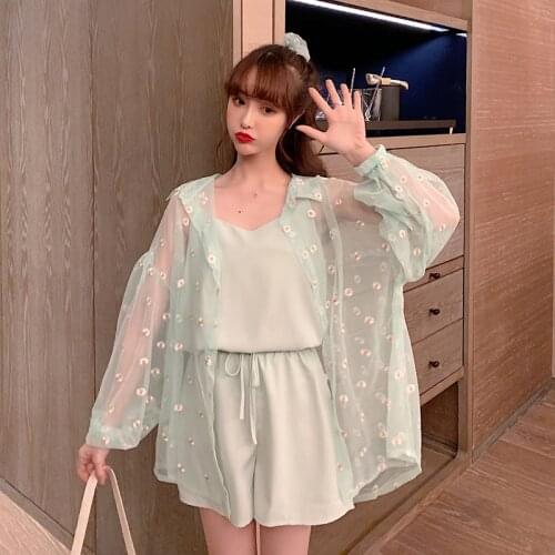 Summer Fashion Casual Womens Clothing Mesh Sunscreen Clothing + Halter Top + Shorts Plus Size S-2XL Thin Breathable Women Tops