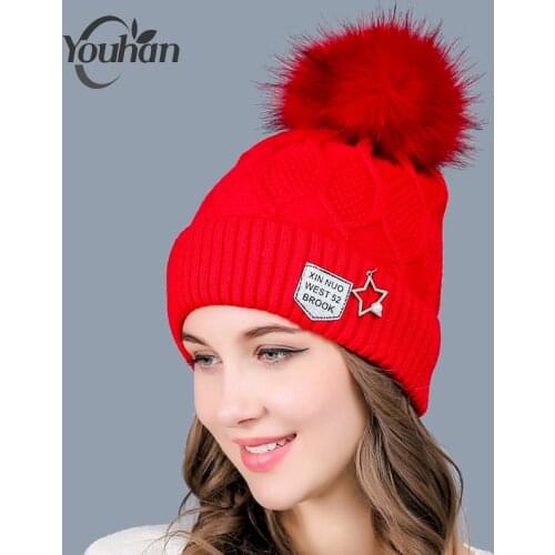 YOUHAN 2021 Skullies Beanies Fashion Women Hat Winter Solid Thicken Pentacle Lovely Lady Warm Hat Knitted Wool Cap Drop Shipping