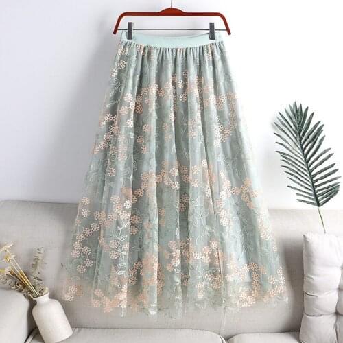 Floral Embroidery Mesh Skirt Female 2021 Summer New Elasic High-waist Temperament Pleated Skirt Ladies A-line Skirts aq1294