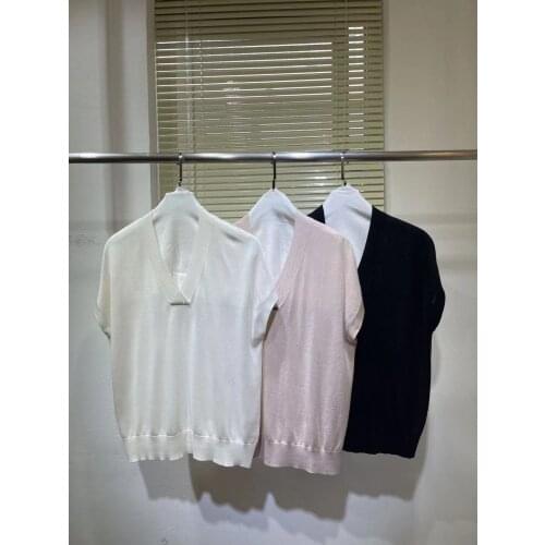 Women Fashion Cashmere Silk White / Pink / Black T-shirts V-Neck Short Sleeve Beading T-shirt Tees