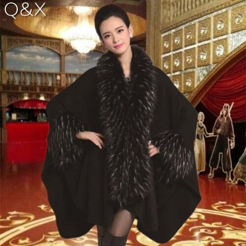 SC65 2017 High Autumn Winter Women Long Black Cardigan Fake Fox Fur Collar Cashmere Sweaters Shawl Knitted Cardigan Poncho Cape
