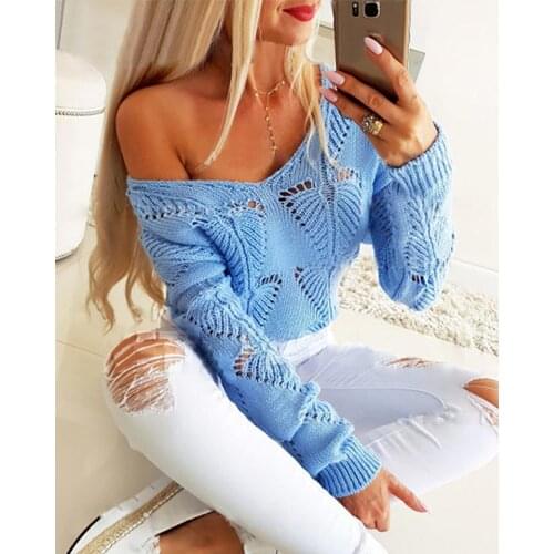 2020 Women Autumn Long Sleeve Sweater Elegant Solid V Neck Loose Plus Size XXL Sweater Hollow Out Solid Knitted Casual