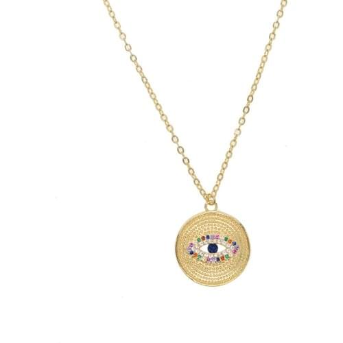 High quality gold color turkish evil eye chic gorgeous women necklace 2019 summer lucky bohemia rainbow eye coin pendant jewelry