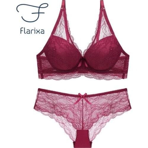 Flarixa Womens Sexy Underwear Sexy See Through Lingerie Corset Seamless Lace Mesh Breathable Underwear Set Bikini 2 Piece Set