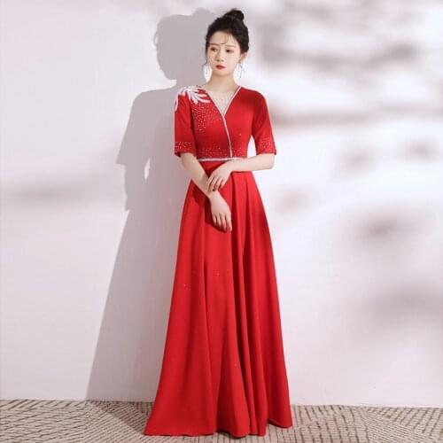 Evening Dress Red Beads Appliques A-Line Half Sleeves V-Neck Elegant Empire Pleat Floor-Length Woman Formal Party Gowns A1379