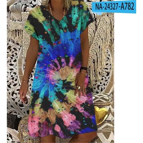 2021 Summer Fashion 4XL Tie-dye Christmas Print Women A-line Dress V-neck Vintage Loose Short Sleeve Oversized Ladies Dresses