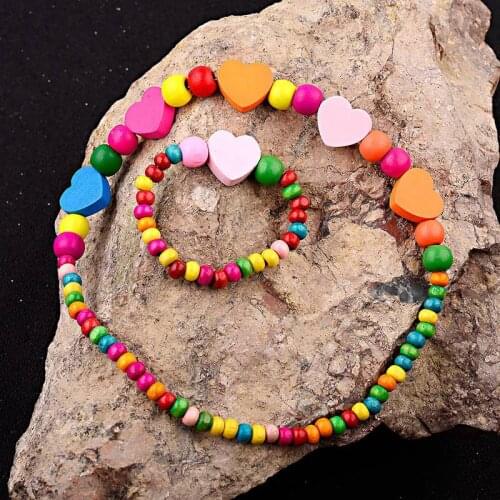 1Set Lovely Girls Wooden Necklaces Lovely Colorful Heart Shape Beads Necklace&Bracelet Jewellery Set Birthday Gift CS26