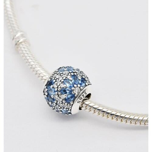 925 Sterling Silver Blue Zircon Elevated Rhombus Pave Ball Pendant Charm Bracelet DIY Jewelry Making For Original Pandora