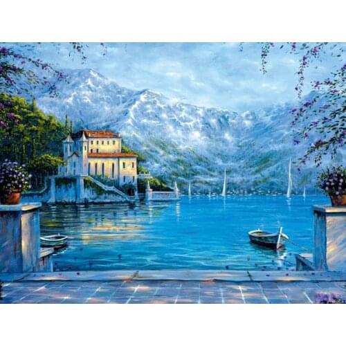 Free shipping Mediterranean sea bule seaside villa seceny architecture oil painting canvas prints on canvas decoration picture