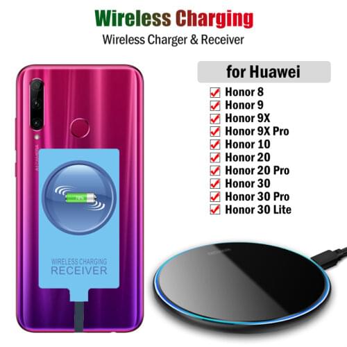 Qi Wireless Charger & Receiver for Huawei Honor 8 9 9X 10 20 30 Pro Lite Phone Wireless Charging Adapter USB Type-C Connector