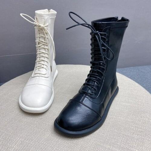 British Flat-Bottomed Temperament Solid Color Ladies Martin Boots Spring And Autumn Fashion Hot Sale Mid-Tube Zipper Single Boot