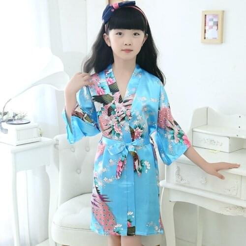 4-13T kids robes wedding party flower girl robe peacock stain bathrobes children summer sleepwear nightgown faux silk homewear