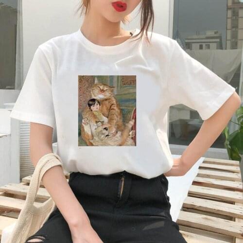 Womens T-shirt Kawaii cat oil painting print T-shirt basic O-neck short-sleeved ladies graphic girl T-shirt mujer camisetas