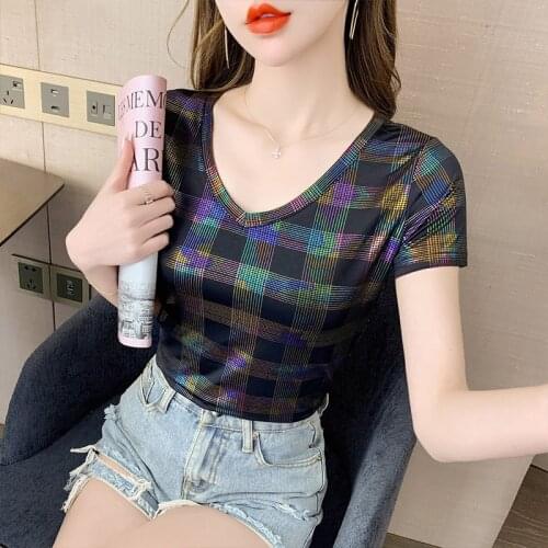 Colorful plaid t shirt women summer clothes streetwear fashion v-neck short sleeve t-shirts bronzing tshirt femme plus size tee
