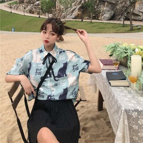 Harajuku Cat Print Lace Up Short Sleeve Shirt Womens Summer Shirts Kawaii Ulzzang Lovely Female Sweet Harajuku Top For Women