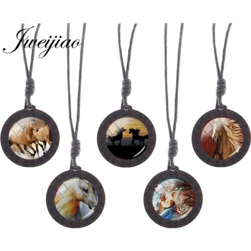 JWEIJIAO New Running Horse Picture Fashion Choker Necklaces Rope Chains Wooden Pendant For Women Men Personality Jewelry A02