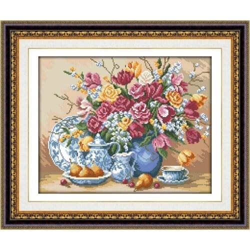 China blue spring flowers cross stitch kit 18ct 14ct 11ct counted white cloth cotton thread fabric sewing craft wall hangings