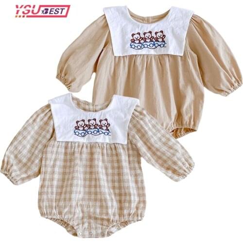 Newborn Baby Boys Clothes Cartoon Embroidery Bear Infant Clothing Baby Girls Romper Toddler Jumpsuit Plaid Autumn Jumpsuit