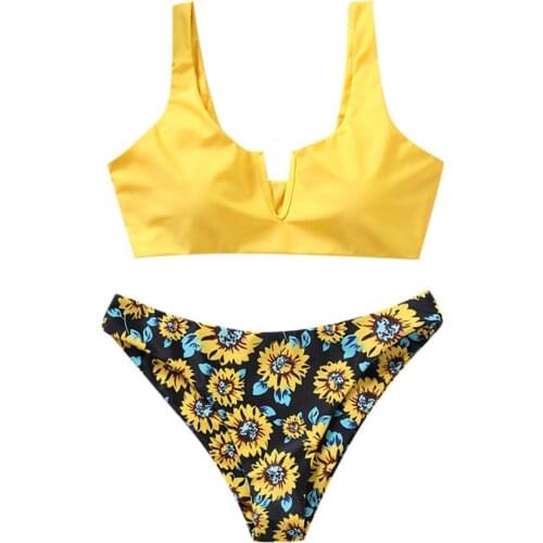 Sunflower Print Swimwear Women Biquini Padded Bra Bikini Set Swimsuit Ladies Push-up Triangle Bathing Suit Dropshipping
