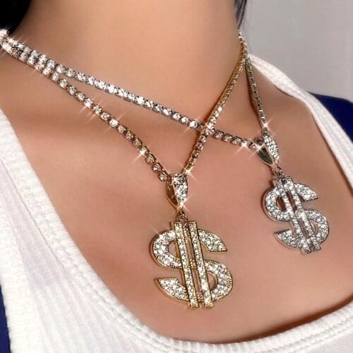 Statement Big Money Dollar Pendant Rhinestone Necklace for Women Fashion Bling Crystal Chain Necklace Choker Men Party Jewelry