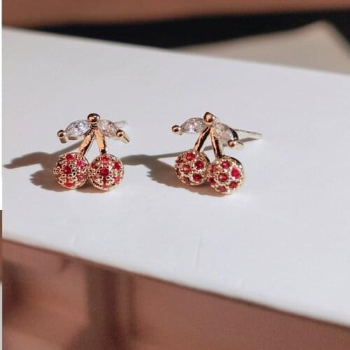 Cute Gold Cherry Stud Earrings for Women With Bling Zircon Stone Fashion Jewelry Korean Earrings