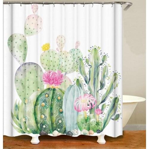 Cartoon Green Cactus Flower Shower Curtain Bath Accessories with 12 Hooks Waterproof Polyester Fabric Bathroom Decor