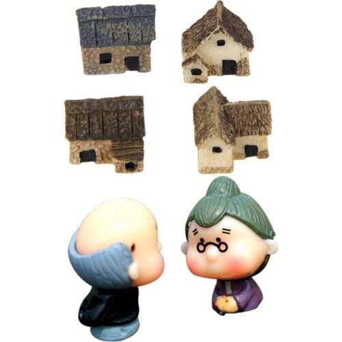 Set 4 Miniature Dollhouse Bonsai Craft Fairy & 2x Miniature Fairy Garden Grandpa & Grandma Ornament Dollhouse Plant Pot