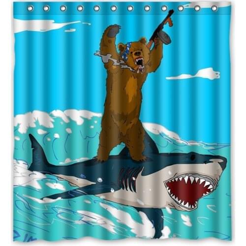 Unique Bear Riding Shark Funny Desugn Waterproof Polyester Fabric Bathroom Custom Shower Curtain