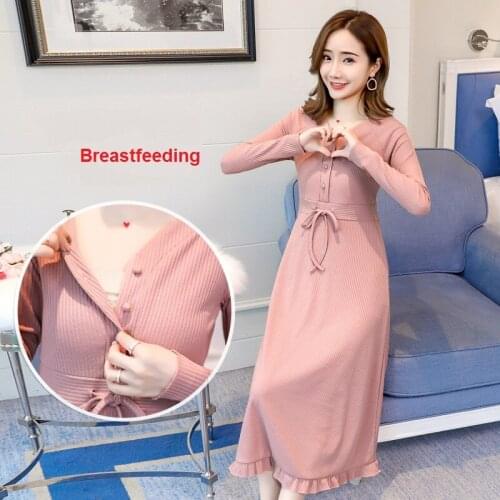 Spring Moms Slim Nursing Long Dress Autumn Drawstring Sashes Cotton Maternity Nursing Dress for Pregnant Women Breastfeeding Hot