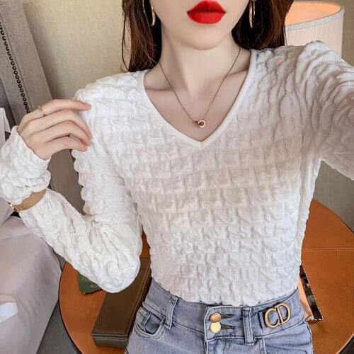 2021 Spring New Solid Tshirt Korean Pleated Top Womens Clothing Sexy V Neck Long Sleeve T-shirt Women Fashion Tee Shirt Femme