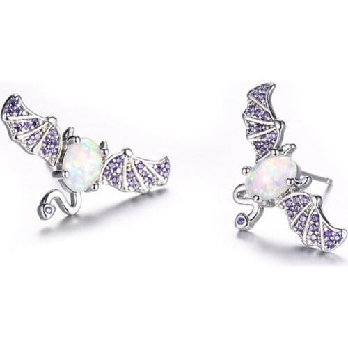 UFOORO stud earrings White Blue Fire Opal Earrings for Women Jewelry Cute bat Earrings Christmas Gift girlfriend Ear0940