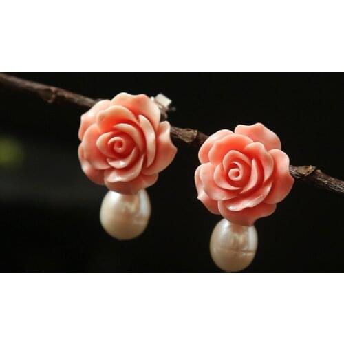 2019 New Ethnic 925 Sterling Silver Woman Drop Earrings Natural Pink Coral Flower with Freshwater Pearls Handmade Jewelry