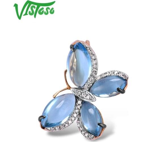 VISTOSO 14K 585 Rose Gold Butterfly Pendant For Women limpid Blue Topaz Shiny Diamond Lovely Pendant Anniversary Fine Jewelry