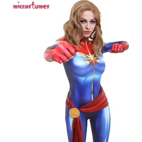 Carol Danvers Cosplay 3D Printed Women Bodysuit Jumpsuit with Sash