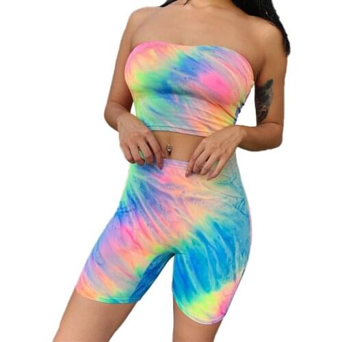 Womens Summer Sexy Fashion Sleeveless Set Two Pieces Tie-dye Printed Tube Top + Shorts Outfits Casual Strapless Sports Set