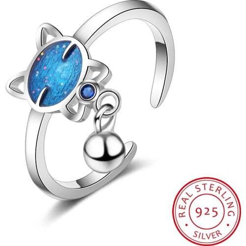 Simple Cute Blue Cat Bead Tassel Adjustable Ring For Women Girl 925 Sterling Silver Ring Anillos Bague Mujer