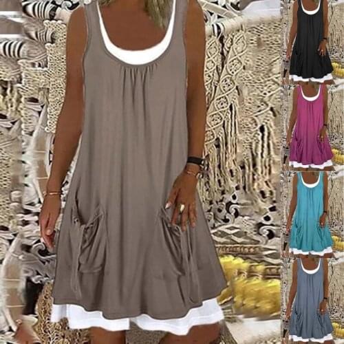 Summer Patchwork Short Dress Women 2021 Casual O Neck Pocket Party Dress Ladies Sleeveless Loose Beach Dresses