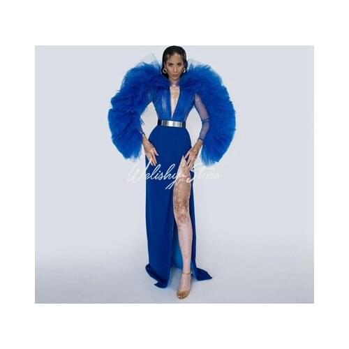 Chic Royal Blue Puffy Ruffled Sleeve Women Dress Sexy Deep V-Neck Side High Slit Mermaid Tulle Party Dresses Custom Made kleit