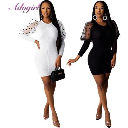 Women Polka Dot Sheer Mesh Puff Sleeve Patchwork Ribbed Mini Night Party Dress Casual High Stretch Bodycon Dresses Sexy Vestidos