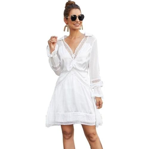 2020 Summer Causal Chiffon Dress Women Long Sleeve Hollow Out Mini White Ladies Dress Elegant Corset Party Dresses Women Evening