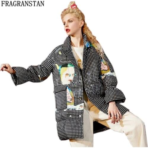 Winter New Fashion High Quality Personality Loose Cartoon Print Women Down Jacket Flare Sleeve High necked Cute Long Parkas LY46