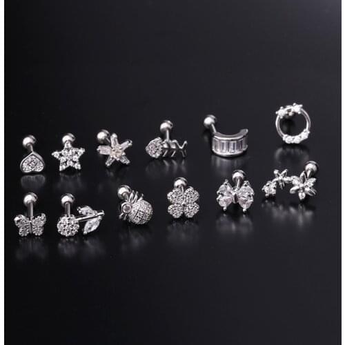 12Kinds 1Pc Stainless Steel Silver Stars Heart Shape Stud Earring Fashion Earrings Body Jewelry Piercing Earrings HSPJ324
