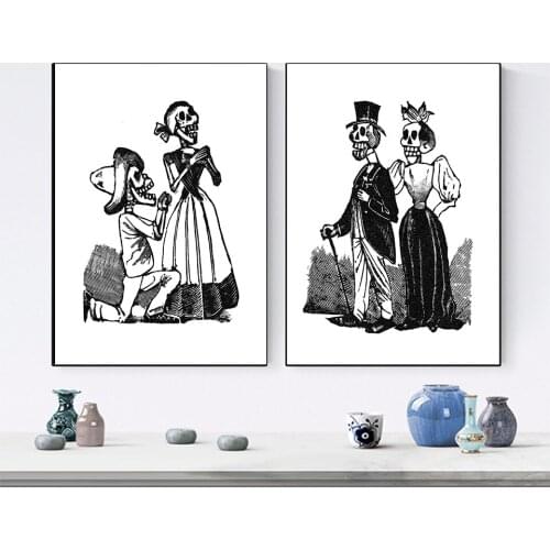 Abstract Skeleton Poster Marriage Proposal and Marriage Painting Canvas Wall Art Picture Black and White Love Prints Home Decor