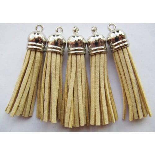 Free Shipping 100Pcs 59mm Khaki/Beige Suede Leather Jewelry Tassel For Key Chains/ Cellphone Charms Top Plated End Caps Cord