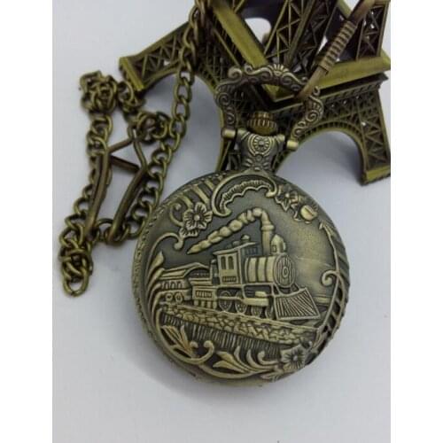 2020 Unisex Antique Case Pocket Watch Women Vintage Brass Rib Chain Quartz Pocket Watch Train Printed Unique Relogio 10pcs/lot