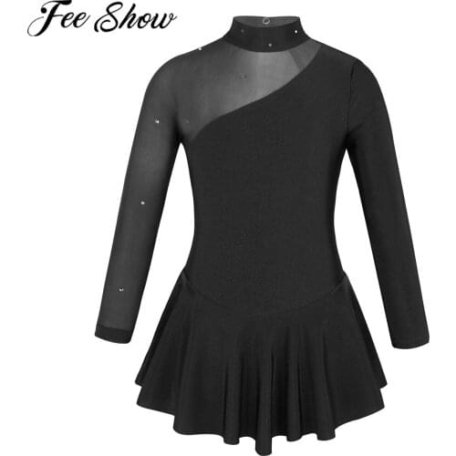 FEESHOW Kid Girls Dress Tulle Splice Cutouts Back Figure Sparkling Rhineston Lycra Skirt Ice Skating Ballet Dance Leotard Dress