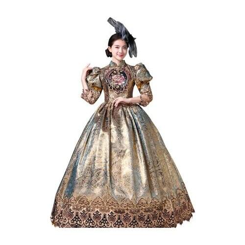100% real rococo dark golden flower embroidery bubble long ball gown medieval dress Renaissance gown