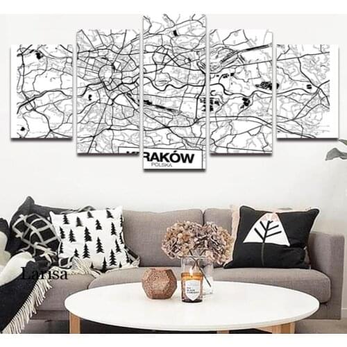 World Ciity Map Canvas Prints Black and White Multiple Wall Decor Picture Home Room Wall Art Decor Painting 5 Panel